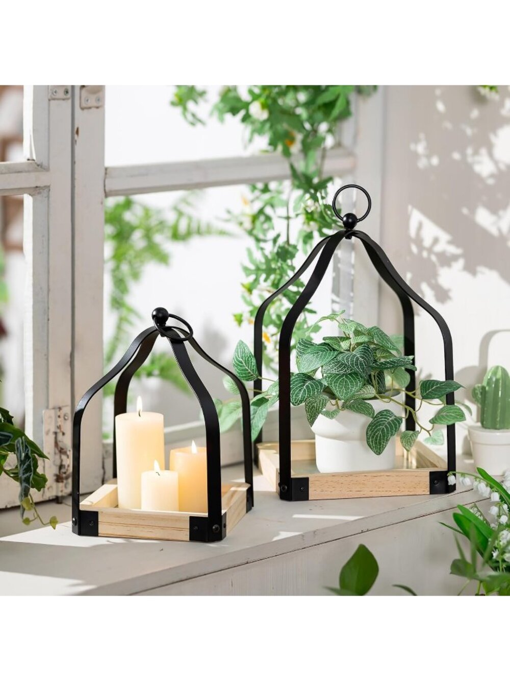 New Set of 2 Rustic Wood Farmhouse Candle Lanterns for Table Mantle Living Decor